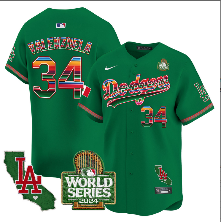 Men MLB Mexico Los Angeles Dodgers #34 Valenzuela green 2024 World Series Champions Patch Jersey 20241105->los angeles dodgers->MLB Jersey
